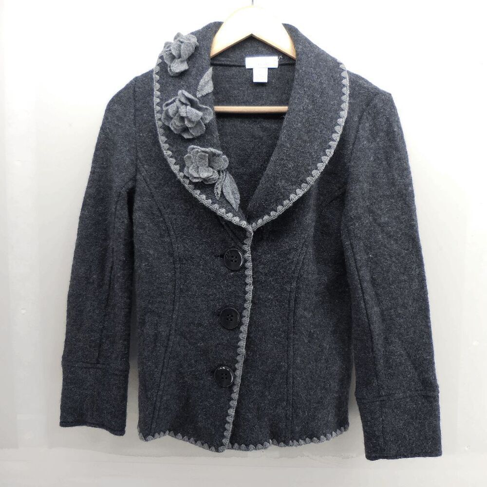 Tweeds Petite Boiled Wool Cardigan Womens PS Charcoal Rosette Collar Pockets